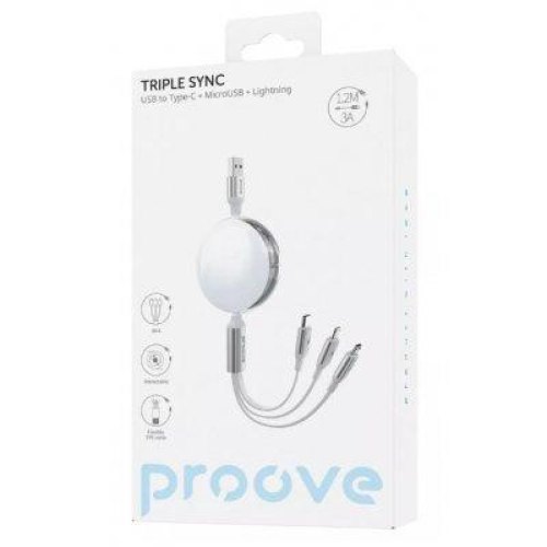 Кабель Proove Triple Sync 3in1, USB Type-A to USB Type-C/Micro USB/Lightning, 1.2м, White (CCTS20001502)