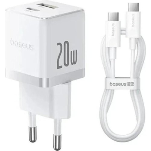 Мережевий зарядний пристрій Baseus Palm Fast Charger, USB Type-A/USB Type-C, 20W, кабель USB Type-C to USB Type-C 60W, 1м, White (P10111608213-01)