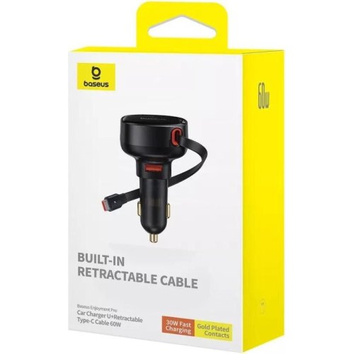 Автомобільний зарядний пристрій Baseus Enjoyment Pro Car Charger, USB Type-A, вбудований кабель USB Type-C/Lightning, 60W, Black (C00057802111-02)