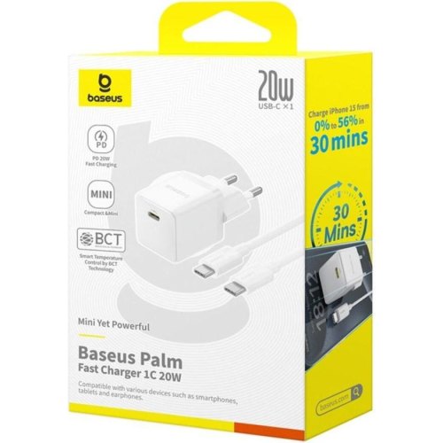 Мережевий зарядний пристрій Baseus Palm Fast Charger, USB Type-C, 20W, кабель USB Type-C to USB Type-C 60W, 1м, White (P10111602213-01)