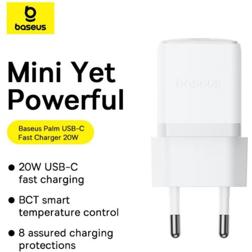 Мережевий зарядний пристрій Baseus Palm Fast Charger, USB Type-C, 20W, кабель USB Type-C to USB Type-C 60W, 1м, White (P10111602213-01)