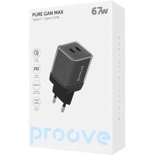 Мережевий зарядний пристрій Proove Pure GaN Max, 2xUSB Type-C, 67W, Black (WCPU67022201)