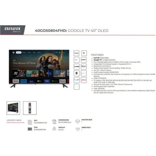 Телевізор AIWA 43GO70804UHD UHD/DLED/T2/ Google TV//2 x 10W/Dolby Digital/HDMI/Wi-Fi/VESA 200x100/Blac