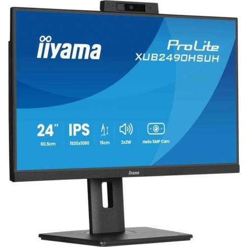Монітор iiyama XUB2490HSUH-B2, 23.8 IPS, 1920х1080, 16:9, 4мс (GTG), 100Гц, FreeSync, 5Мп камера Windows Hello, мікрофон