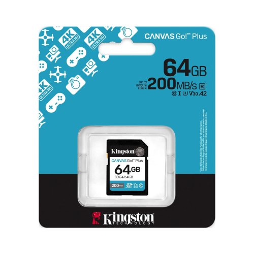 Карта пам'яті Kingston Canvas Go Plus Gen4, 64GB, SDXC, C10 UHS-I U3 V30, 200MB/s (SDG4/64GB)