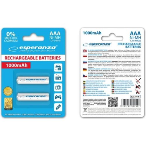 Акумулятор Esperanza EZA101W, Ni-MH, AAA, 1000 mAh, 2шт, бiлий