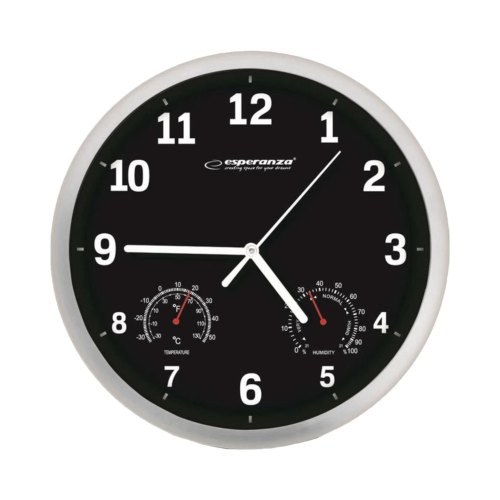 Годинник настінний Esperanza Wall Clock Lyon Black, 25см, вимірювання температури та вологості, чорний (EHC016K)
