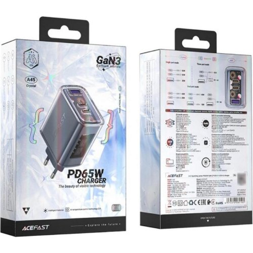 Мережевий зарядний пристрій Acefast A45 Fast Charger, 2xUSB Type-C/1xUSB Type-A, 65W, GaN, Mountain mist (6974316282099)