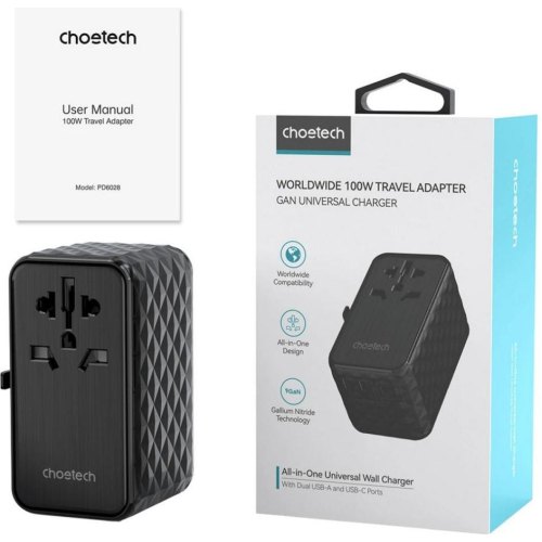 Мережевий зарядний пристрій Choetech сharger diamond model, 2xUSB Type-C/2xUSB Type-A, 100W PD, Black (PD6028-BK)