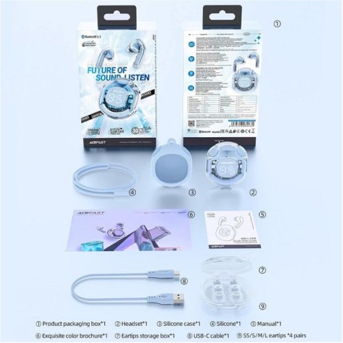 Навушники бездротові TWS Acefast T8, Ice Blue (6974316282235)