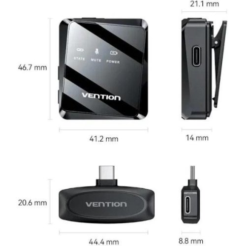 Мікрофон бездротовий, петличний Vention, подвійний, USB Type-C 2-Pack Wireless Lavalier Black (NCBB0)