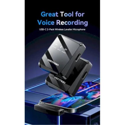 Мікрофон бездротовий, петличний Vention, подвійний, USB Type-C 2-Pack Wireless Lavalier Black (NCBB0)