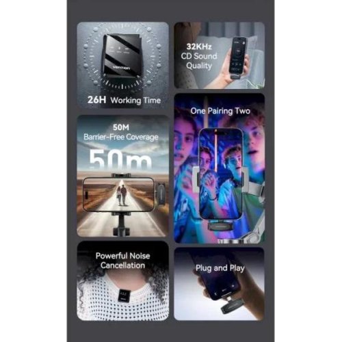 Мікрофон бездротовий, петличний Vention, подвійний, USB Type-C 2-Pack Wireless Lavalier Black (NCBB0)