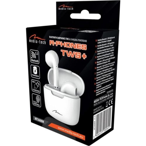Навушники бездротові TWS Media-Tech R-PHONES, Bluetooth 5.3, White (MT3608W)