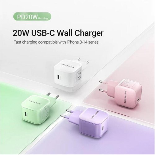 Мережевий зарядний пристрій Vention, 1xUSB Type-C, 20W, PD 3.0/QC 3.0, Purple (FEJV0-EU)
