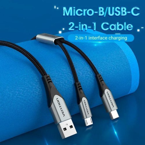 Кабель Vention, USB 2.0 Type-A to USB Type-C/Micro USB, Y-Splitter, 480Mbps, 0.5м, Gray (CQGHD)
