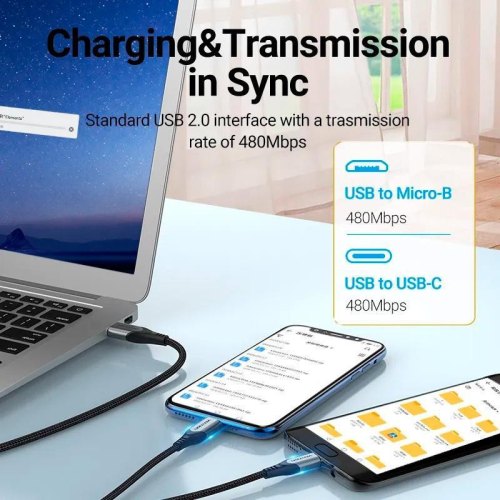Кабель Vention, USB 2.0 Type-A to USB Type-C/Micro USB, Y-Splitter, 480Mbps, 0.5м, Gray (CQGHD)