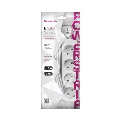 Мережевий фільтр Defender E430, 4 розетки, з заземленням, 3м (992260)