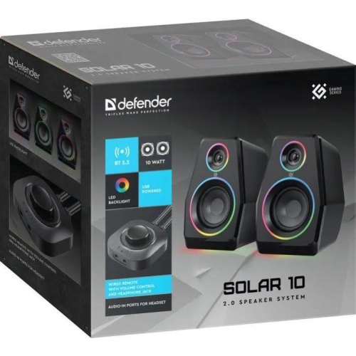 Акустична система 2.0 Defender Solar 10, 10Вт, Bluetooth, RGB підсвітка, USB, чорна (65940)