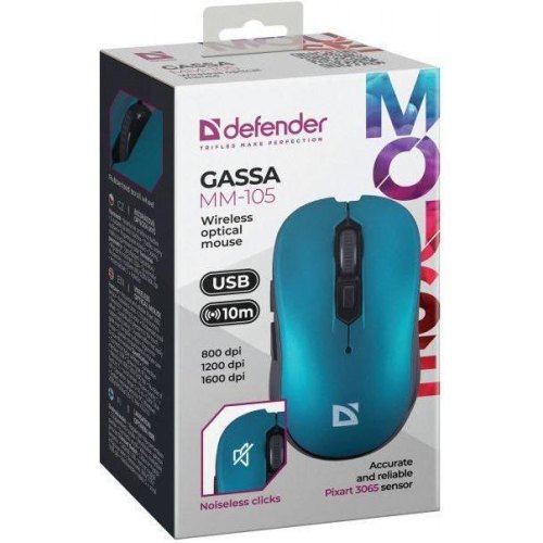 Миша бездротова Defender Gassa MM-105, до 1600dpi, безшумна, бірюзова (52102)