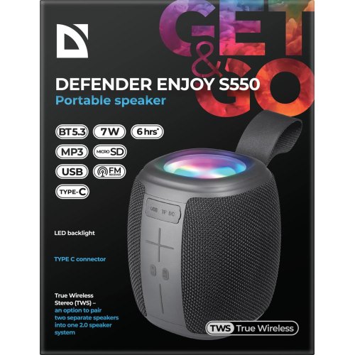 Портативна колонка Defender Enjoy S550, 7W, Bluetooth/Light/FM/USB/TF/Type-C, чорна (65553)