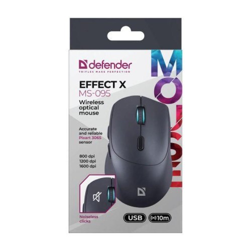 Миша бездротова Defender Effect X MS-095, до 1600dpi, безшумна, чорна (52095)