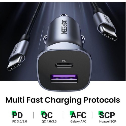 Автомобільний зарядний пристрій Ugreen EC305, USB Type-A/USB Type-C, 30W, QC 4.0, сірий (25845)