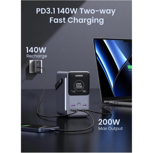 Зовнішній акумулятор Powerbank Ugreen, 48000mAh, PD 3.1 300W, 3xUSB Type-C/2xUSB Type-A, зарядка 140W, LED лампа (25286)