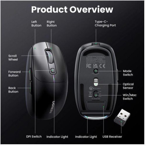 Миша бездротова, ігрова Ugreen MU103, 2.4GHz/Bluetooth, 5000dpi, чорна (90539)