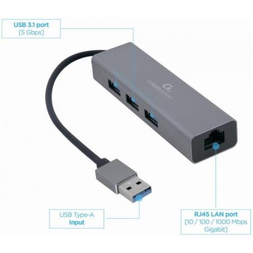 Док-станція Cablexpert, USB Type-A to RJ45 Gigabit Ethernet/3xUSB 3.1 Gen1 (A-AMU3-LAN-01)