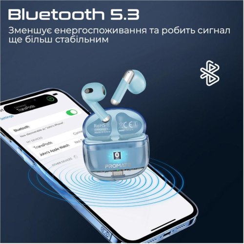 Навушники бездротові TWS Promate TransPods, Blue