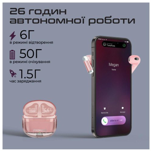 Навушники бездротові TWS Promate TransPods, Pink