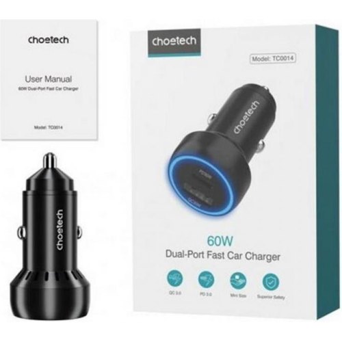 Автомобільний зарядний пристрій Choetech TC0014, USB Type-C/USB Type-A, 60W, PD 3.0, QC 3.0, Black