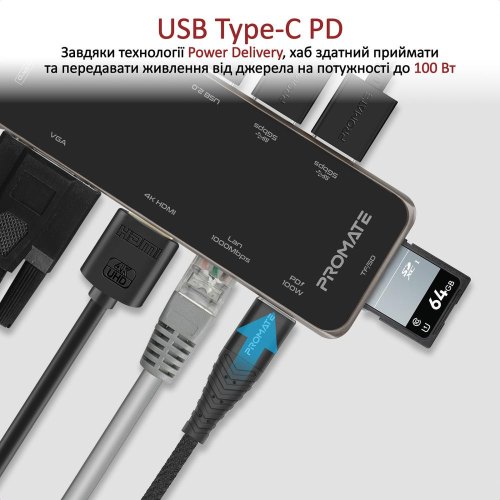 USB-хаб Promate PrimeHub-Pro, USB Type-C, Grey
