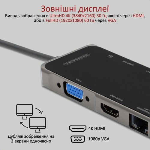 USB-хаб Promate PrimeHub-Pro, USB Type-C, Grey