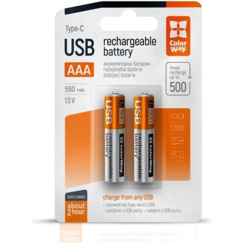Акумулятор ColorWay, AAA/HR03, Li-Pol, 590mAh, USB Type-C, 2шт (CW-UBAAA-09)