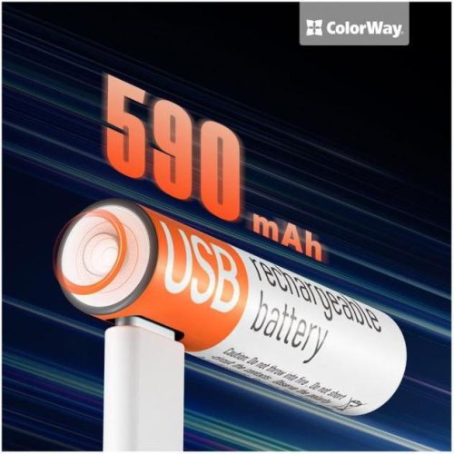 Акумулятор ColorWay, AAA/HR03, Li-Pol, 590mAh, USB Type-C, 2шт (CW-UBAAA-09)