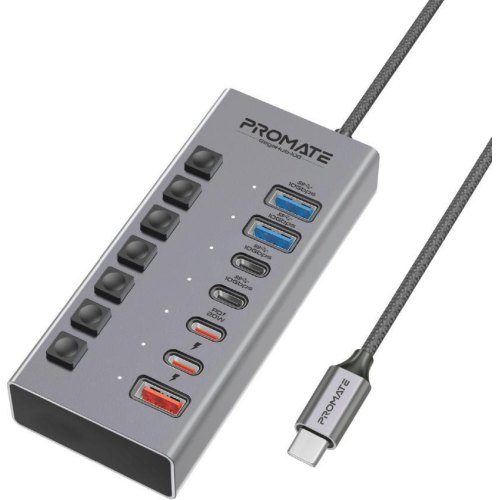 USB-хаб Promate Gegahub-10G, 7 в 1, USB Type-C, Grey