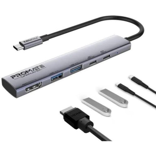 USB-хаб Promate LinkHub-5x, 5 в 1, USB Type-C, Grey
