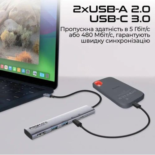 USB-хаб Promate LinkHub-5x, 5 в 1, USB Type-C, Grey