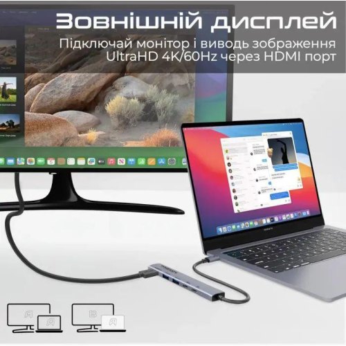 USB-хаб Promate LinkHub-5x, 5 в 1, USB Type-C, Grey