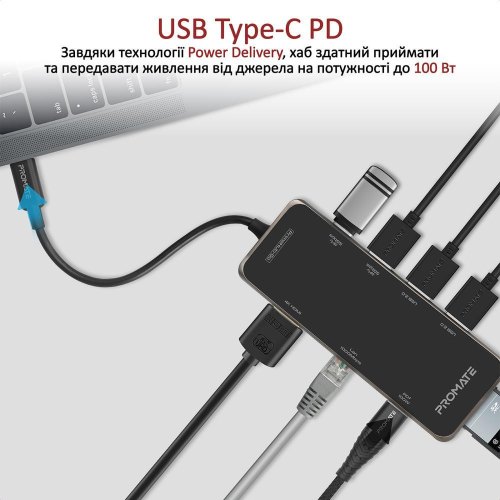 USB-хаб Promate PrimeHub, 7 в 1, USB Type-С, Grey (primehub-go.grey)