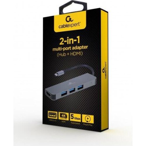 USB-хаб Cablexpert, 3 в 1, USB Type-C, сірий (A-CM-COMBO2-01)