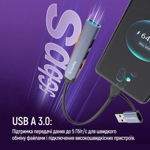 USB-хаб ColorWay, 4 в 1, USB Type-A/USB Type-C (CW-HUB06)