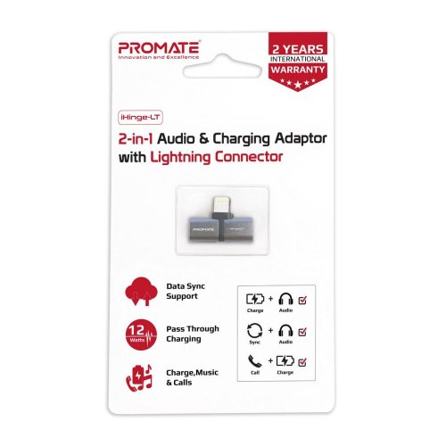Адаптер Promate iHinge, Lightning (M) to 2хLightning (F), Grey