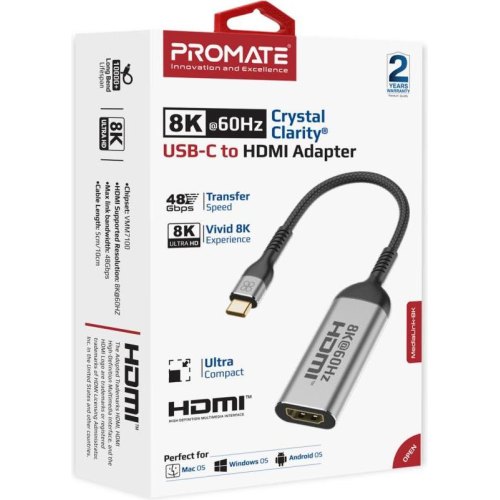 Адаптер Promate MediaLink-8K, USB Type-C (M) to HDMI (F), Grey