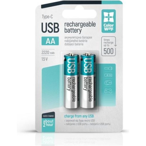 Акумулятор ColorWay, AA/HR06, Li-Pol, 2220mAh, USB Type-C, 2шт (CW-UBAA-10)