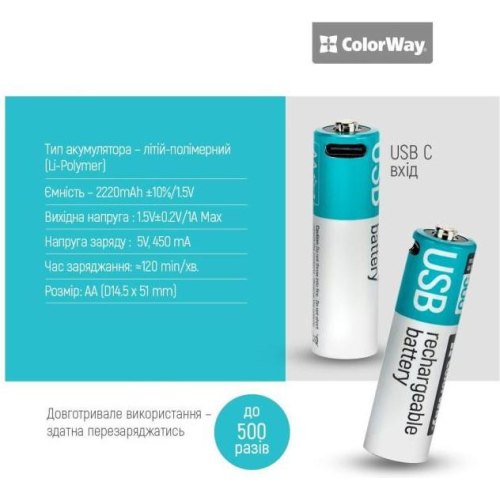 Акумулятор ColorWay, AA/HR06, Li-Pol, 2220mAh, USB Type-C, 2шт (CW-UBAA-10)