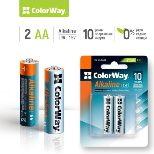 Батарейка ColorWay Alkaline Power, AA/LR06, 2шт (CW-BALR06-2BL)