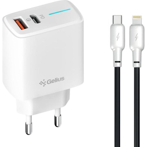 Мережевий зарядний пристрій Gelius Radiance GP-HC058, USB Type-C/USB Type-A, PD/QC3.0/PPS, 25W, кабель USB Type-C to Lightning, White (00000101248)